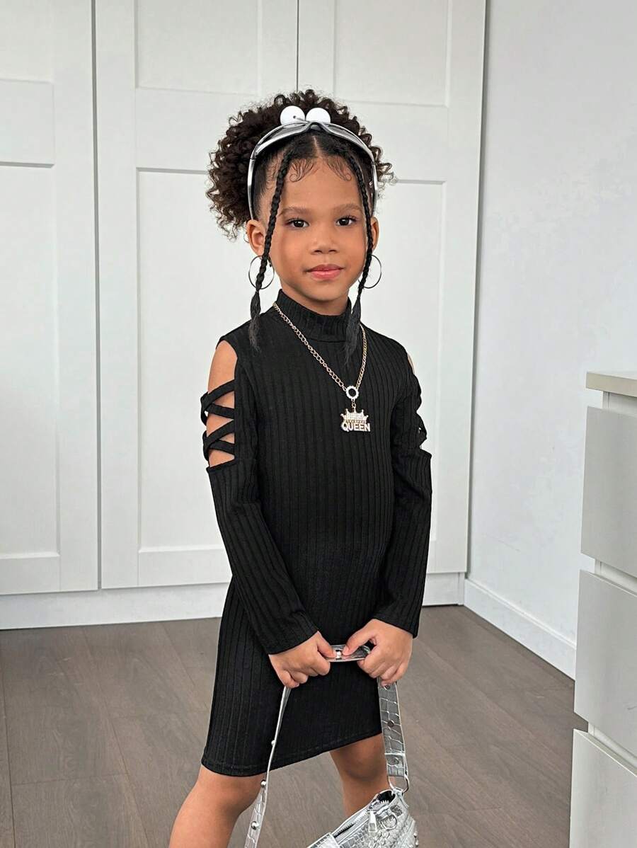 SHEIN Young Girl Knitted Stand Collar Casual Hollow-Out Shoulder Dress