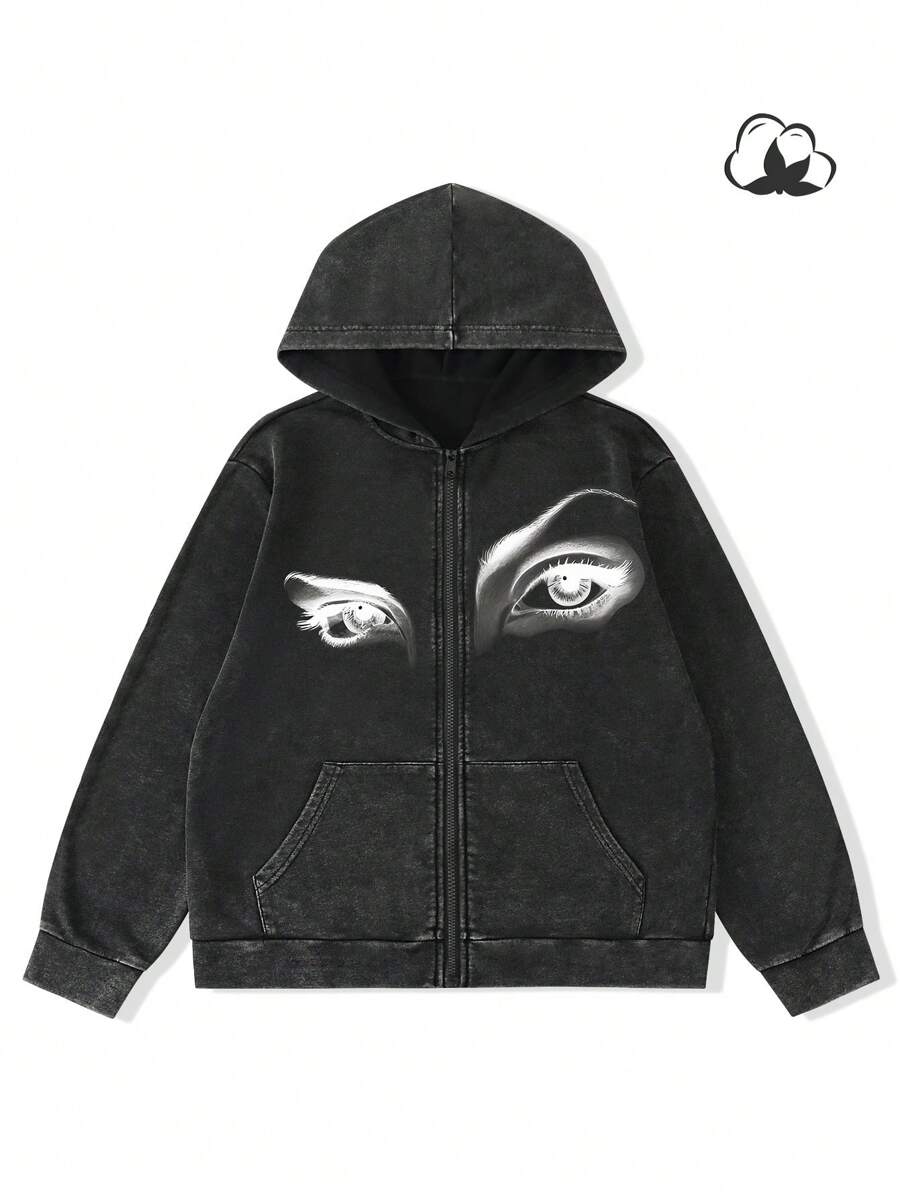 Manfinity EMRG Sudadera informal con capucha y cremallera con estampado de ojo para hombre