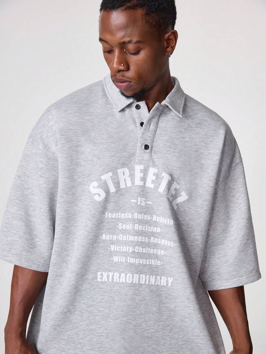 Manfinity VCAY Men's Button-Up Casual Short Sleeve Letter Print Loose Fitting Polo Shirt
