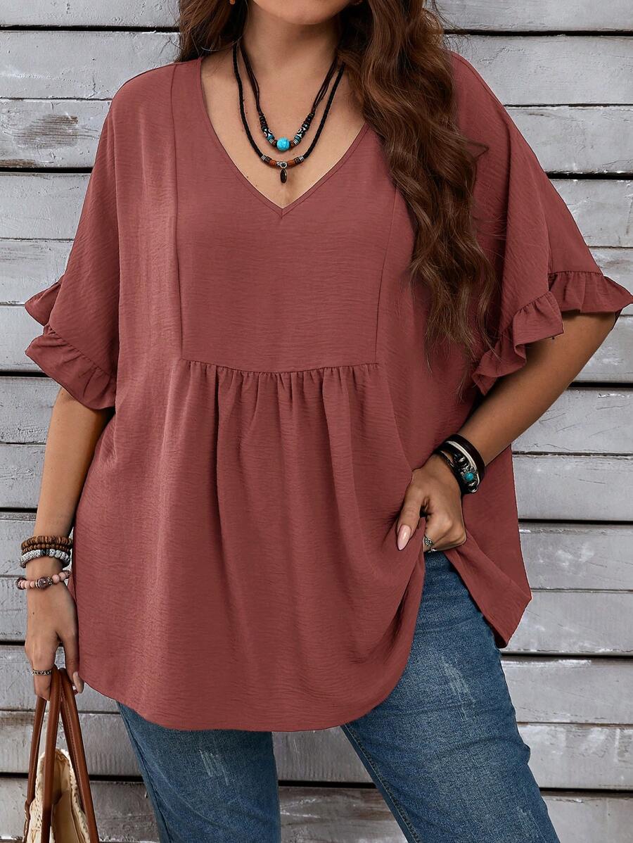 EMERY ROSE Plus Size Women's Vacation Casual Plain Mom Shirts With Ruffled Sleeves For Summer