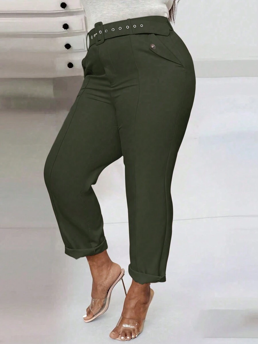 Celure Plus Size Women Solid Color Elastic Waist Casual Pants With Snap-Fastening Flap Pockets And Toothpick Stripes Design