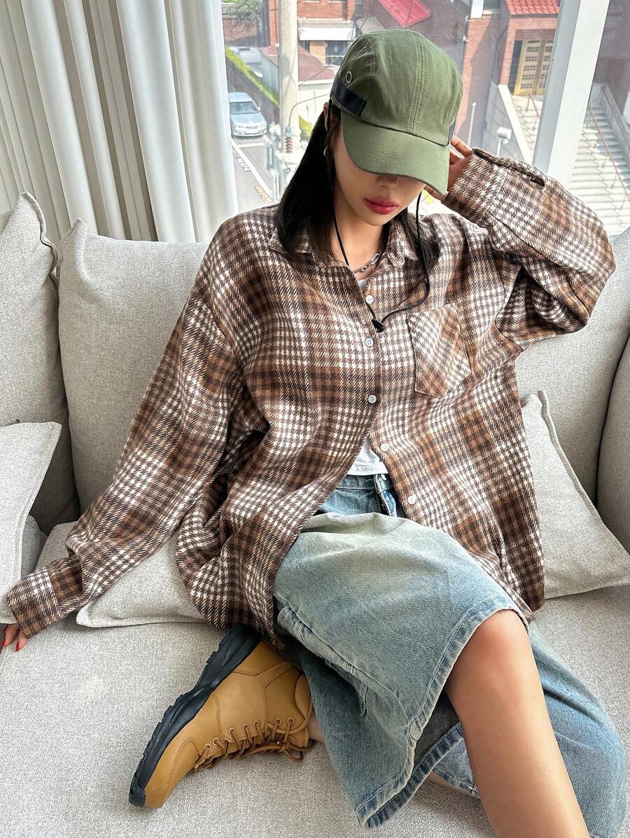 DAZY Women's Spring & Summer Plaid Pocket Loose Long Sleeve Blouse