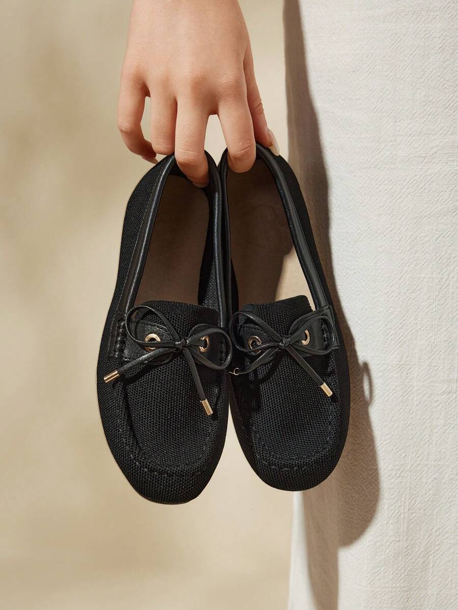CUCCOO BASICS Zapatos de mujer con lazo decorativo, negros, de cómoda punta cuadrada, modelo mocasín, para vacaciones, rebajas de verano, vuelta al cole, estudiantes universitarios, Navidad, otoño y Año Nuevo