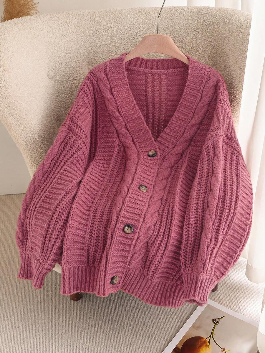 SHEIN Frenchy Plus Size V-Neck Button Down Long Sleeve Casual Loose Cardigan, For Winter