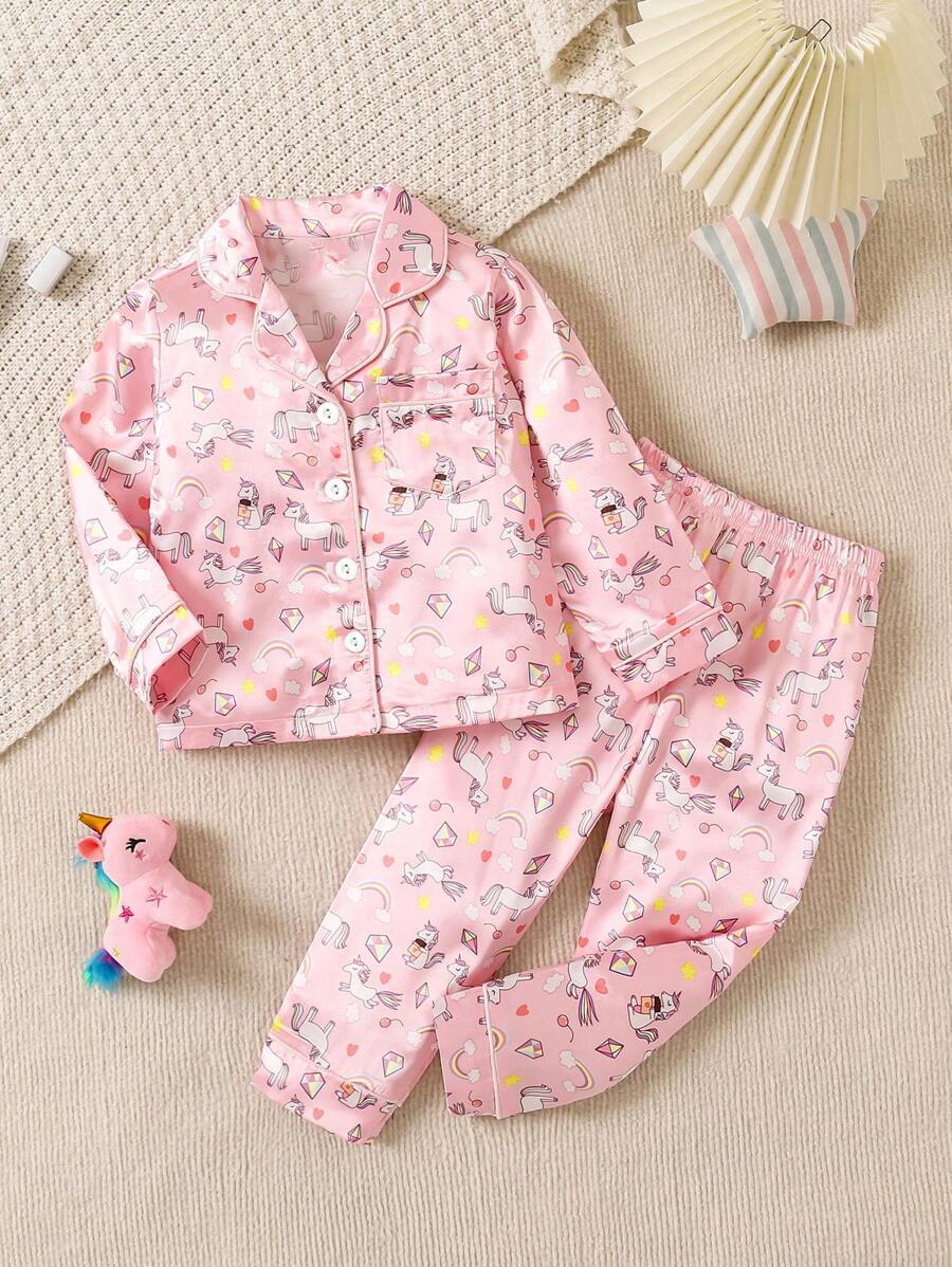 Conjunto de 2 peças de calças casuais e blusa de cetim com estampa de unicórnio para meninas