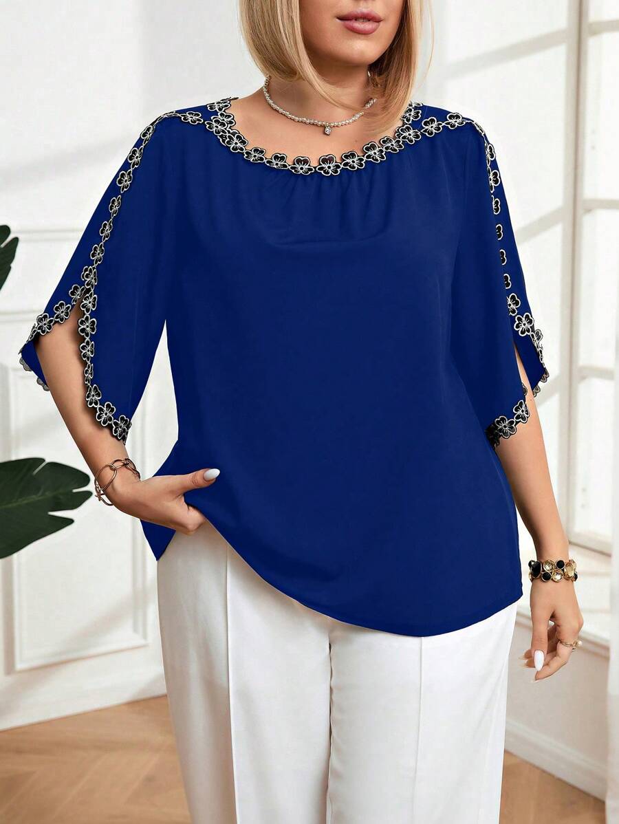 Plus Size Floral Embroidered Decor Blue Blouse For Women, For Summer