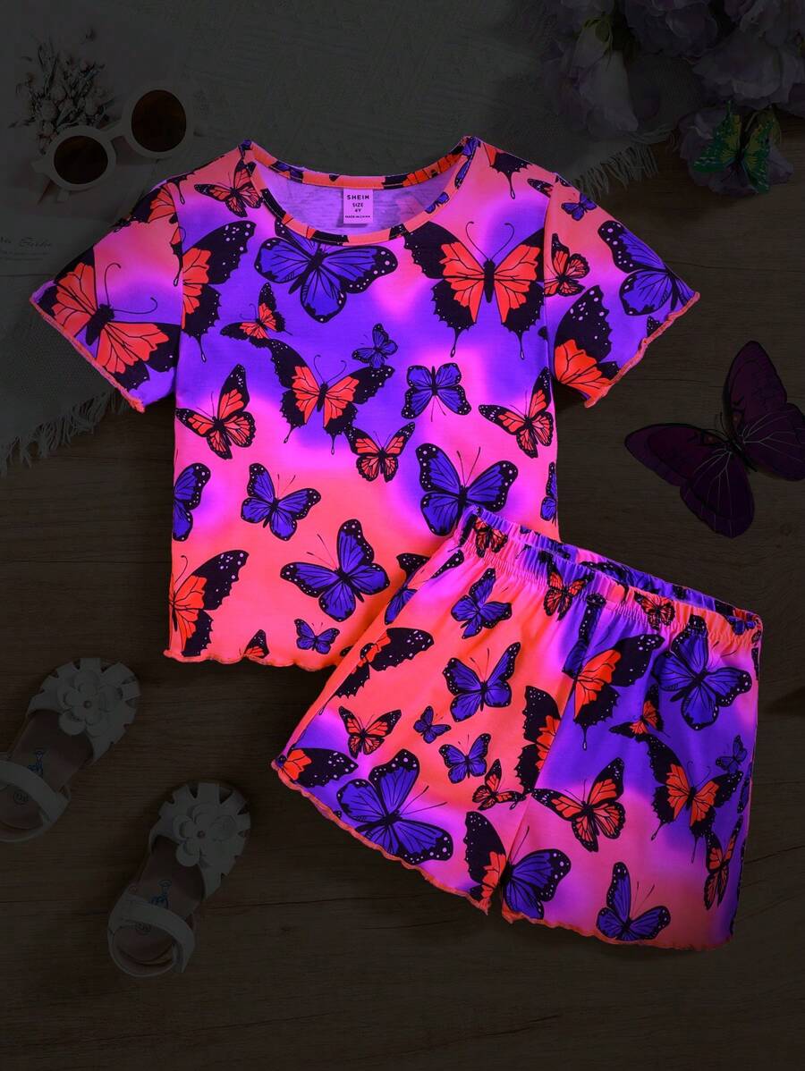 SHEIN 2pcs Girls Butterfly Pattern Loose Casual Short Sleeve Shorts Knit Comfortable Sleepwear Set, Summer