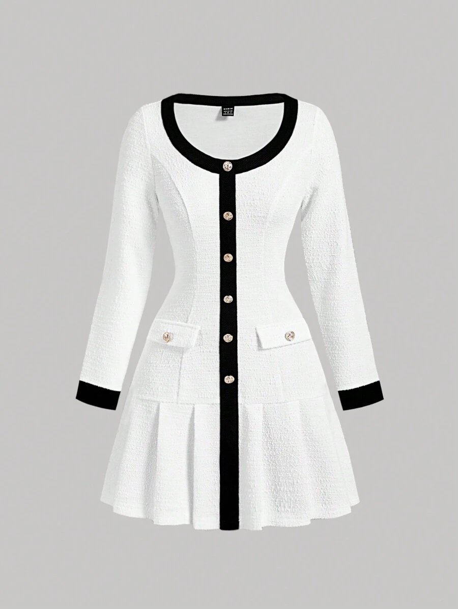 SHEIN MOD Vestido de manga larga ajustado con pliegues, de contraste blanco y negro, tejido texturizado