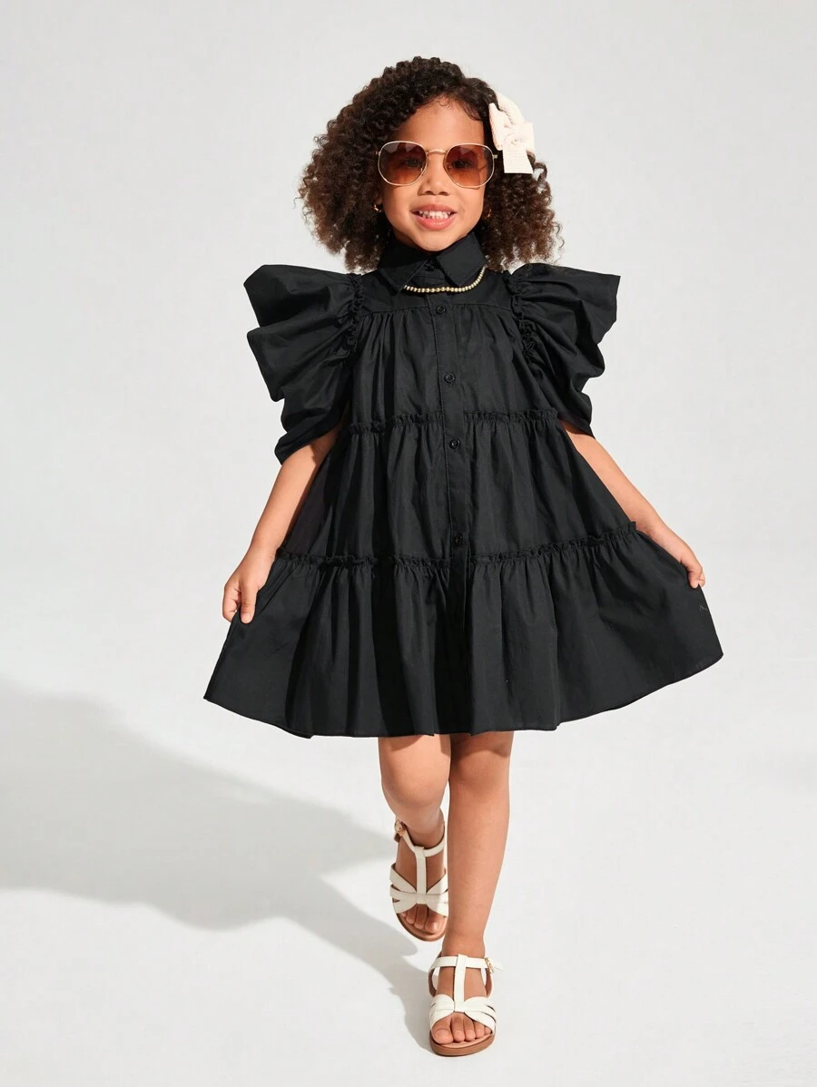 SHEIN Vestido casual feminino jovem tecido cor sólida elegante com babados e manga bufante