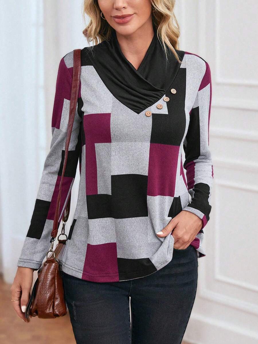 EMERY ROSE Plus Size V-Neck Long Sleeve All-Over Print Button Casual Loose Comfortable Fall T-Shirt