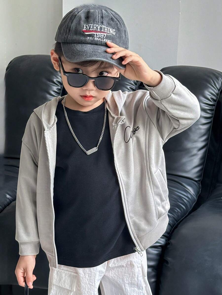 SHEIN Sudadera con capucha de manga larga con cremallera para niño, estampado de letras inglesas, informal, deportiva, de vuelta al colegio, cómoda, de estilo callejero para primavera y otoño