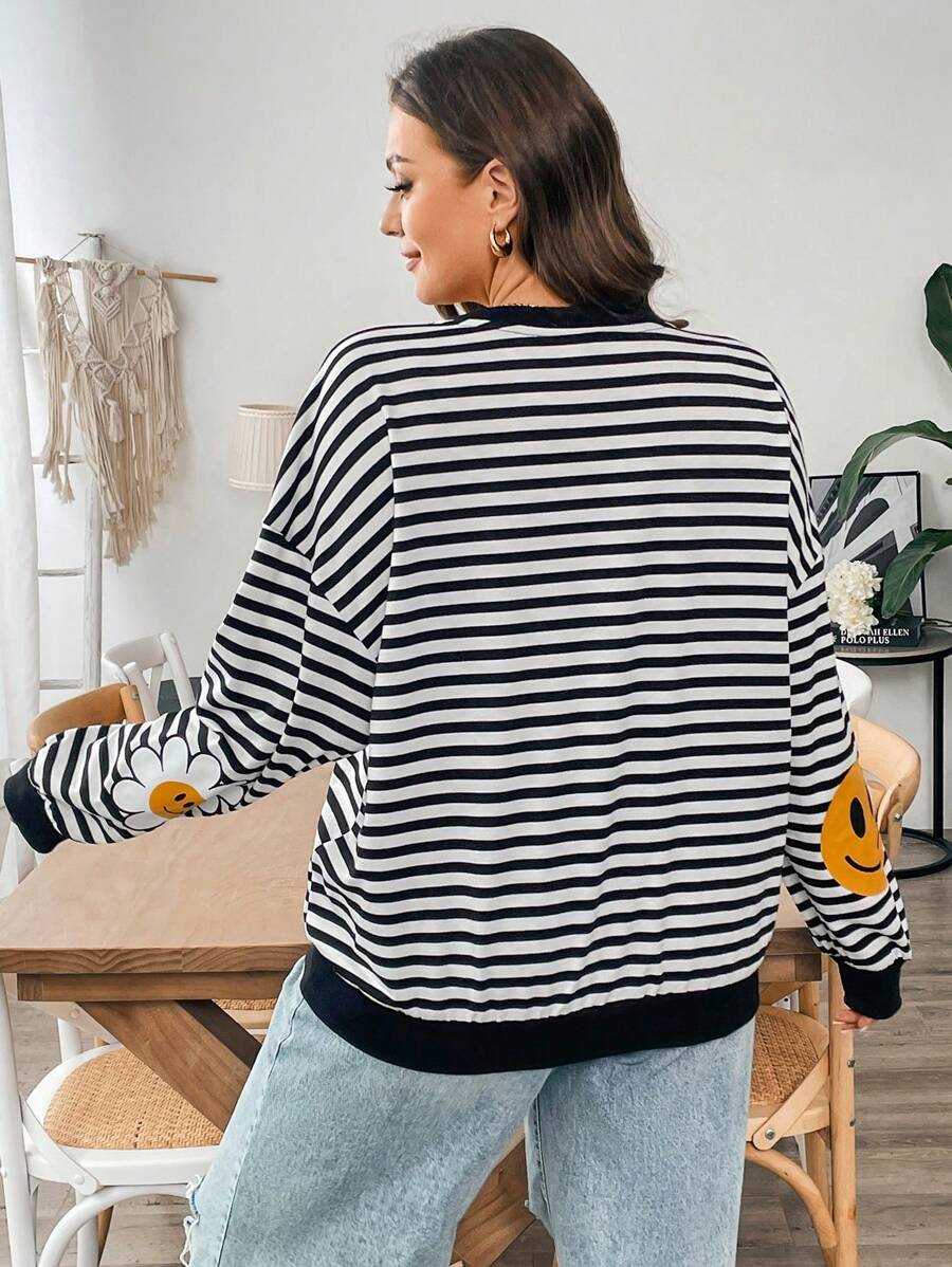 SHEIN Essnce Sudadera de mujer de talla grande con rayas negras y blancas, nueva moda de otoño, casual, deportiva y linda, tops de mujer de otoño de manga larga, sudaderas de otoño