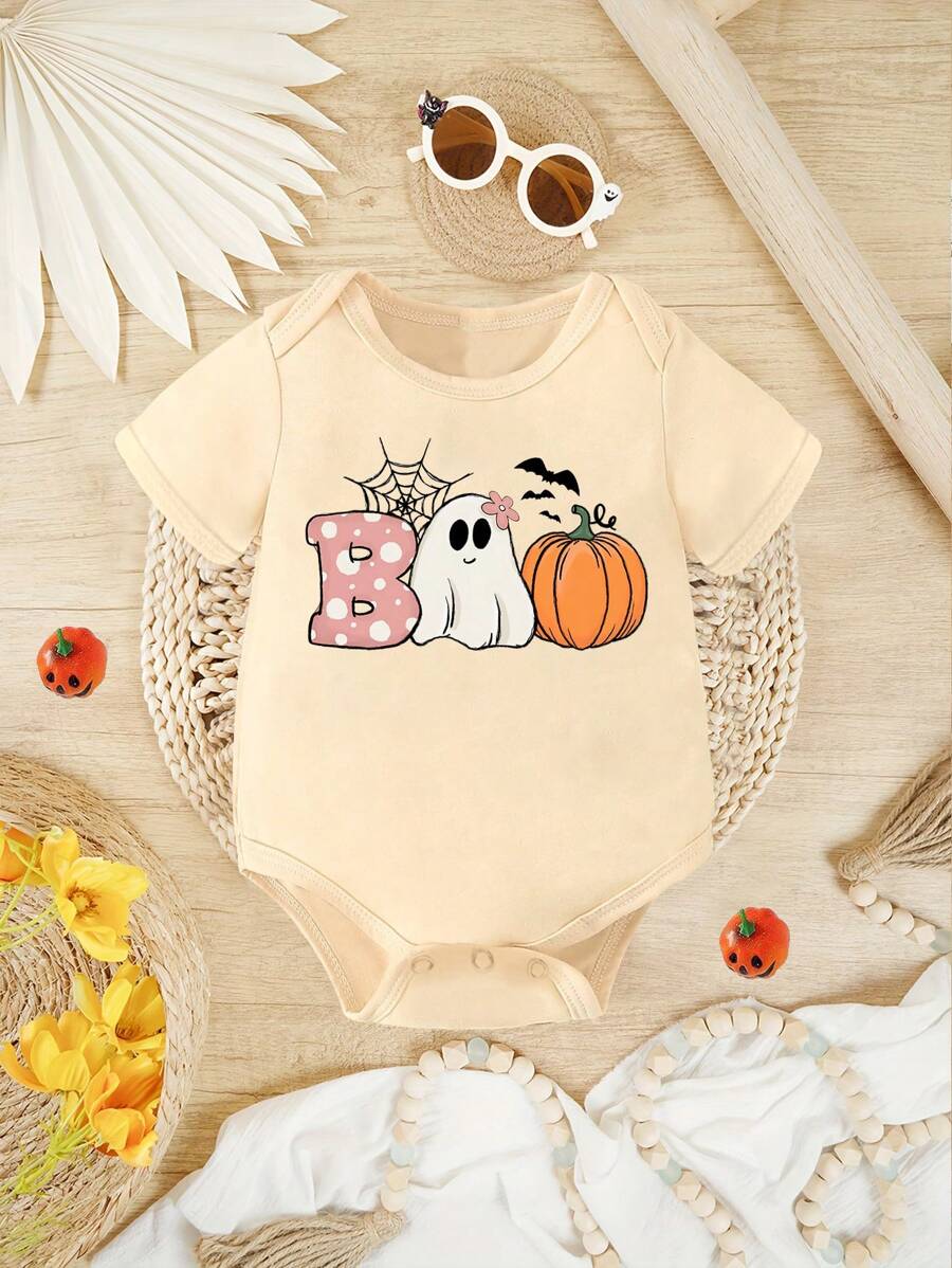 Baby Girl Halloween Elements Spider Web, Bat, Pumpkin, Ghost, Polka Dot & Letter Print Cute Romper Bodysuit Fall Clothes