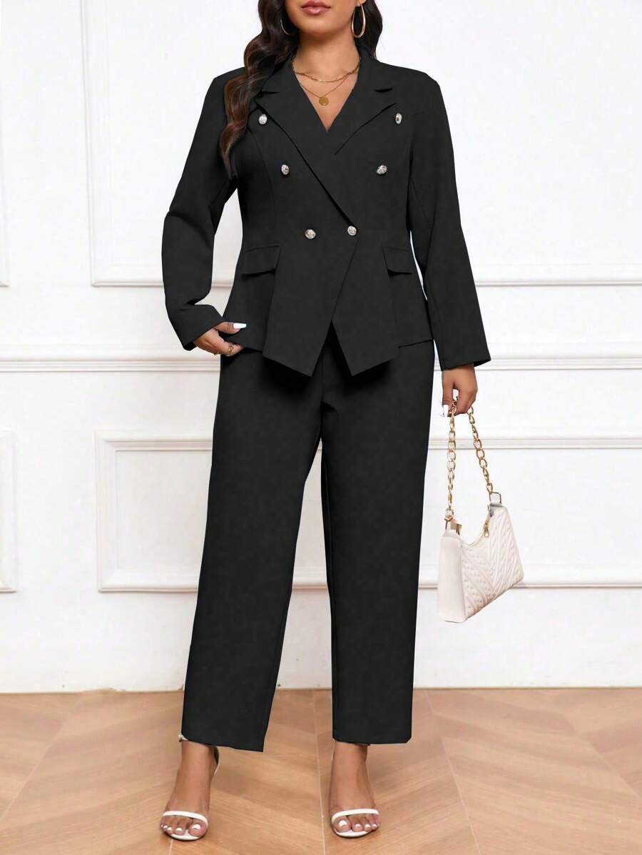 Calvaya Ensemble blazer et pantalon à manches longues simple et unicolore pour femmes grandes tailles, pour un usage quotidien