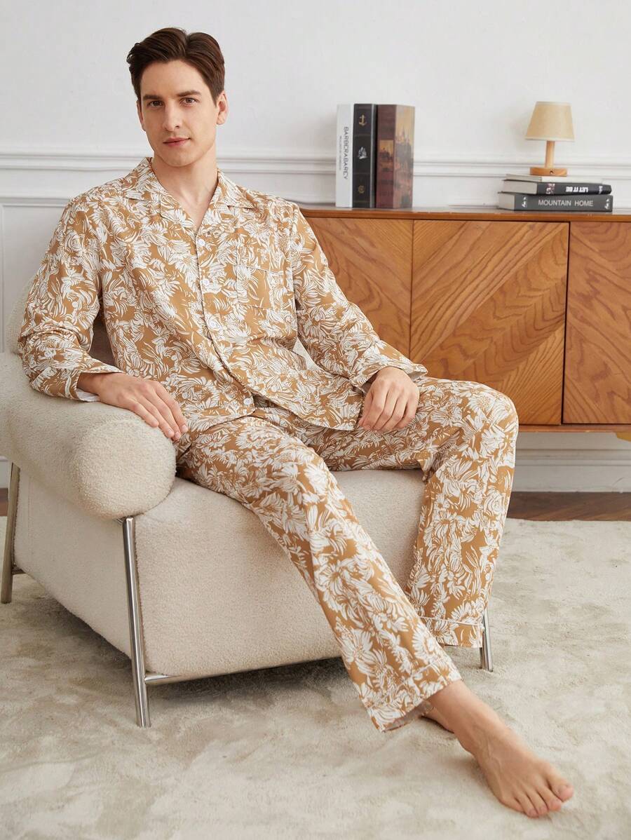 Traje informal de estar en casa con camisa y pantalones de impresión completa con botones para hombre
