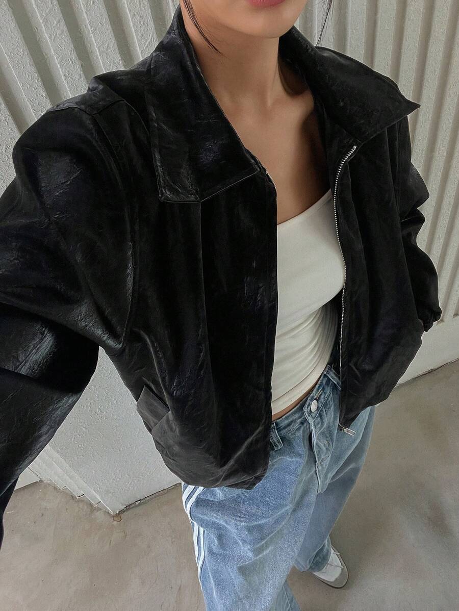DAZY Women's Solid Color Simple Everyday Long Sleeve Faux Leather Jacket