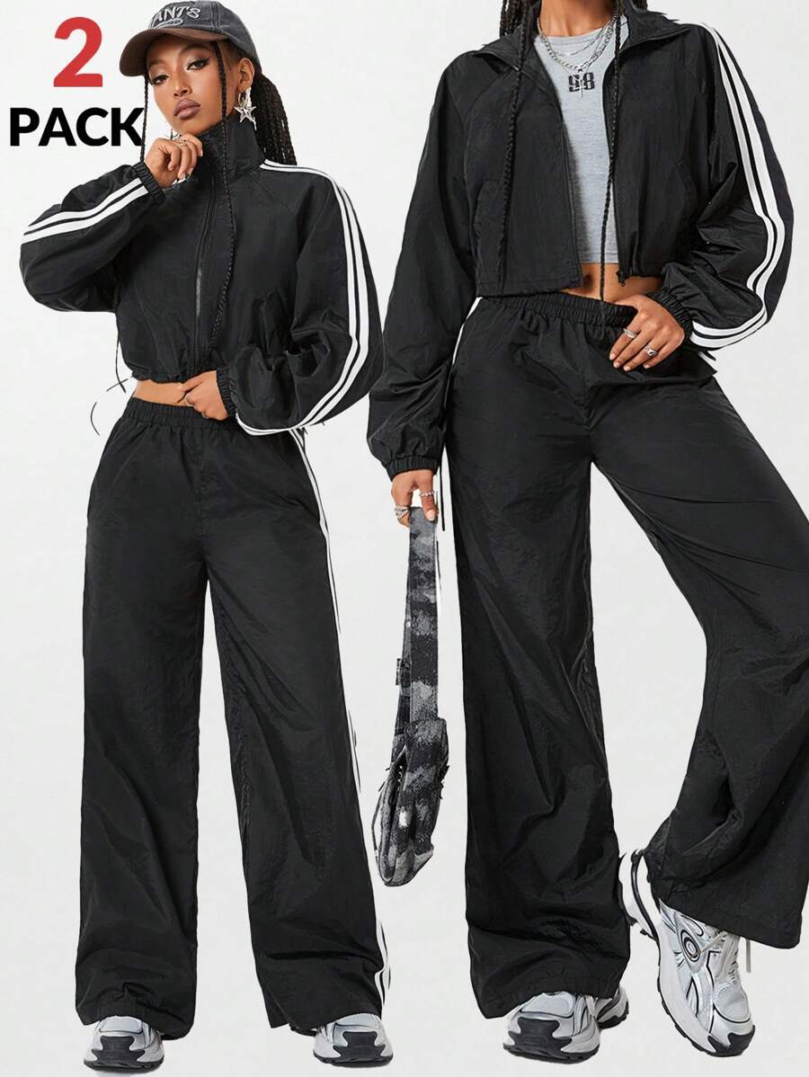 SHEIN EZwear Women's Fall/Winter Preppy Basic Game Day Zip Up Turtleneck Coat And Wide Leg Sweatpants Suit,Two Pieces