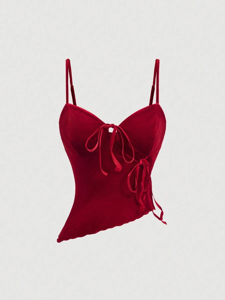 SHEIN MOD Red Asymmetric Hemline Cropped Camisole, Women Side-Tie Velvet Tank Top, Camisole, Back To School Season Top, Vintage Sexy,Cute Tops