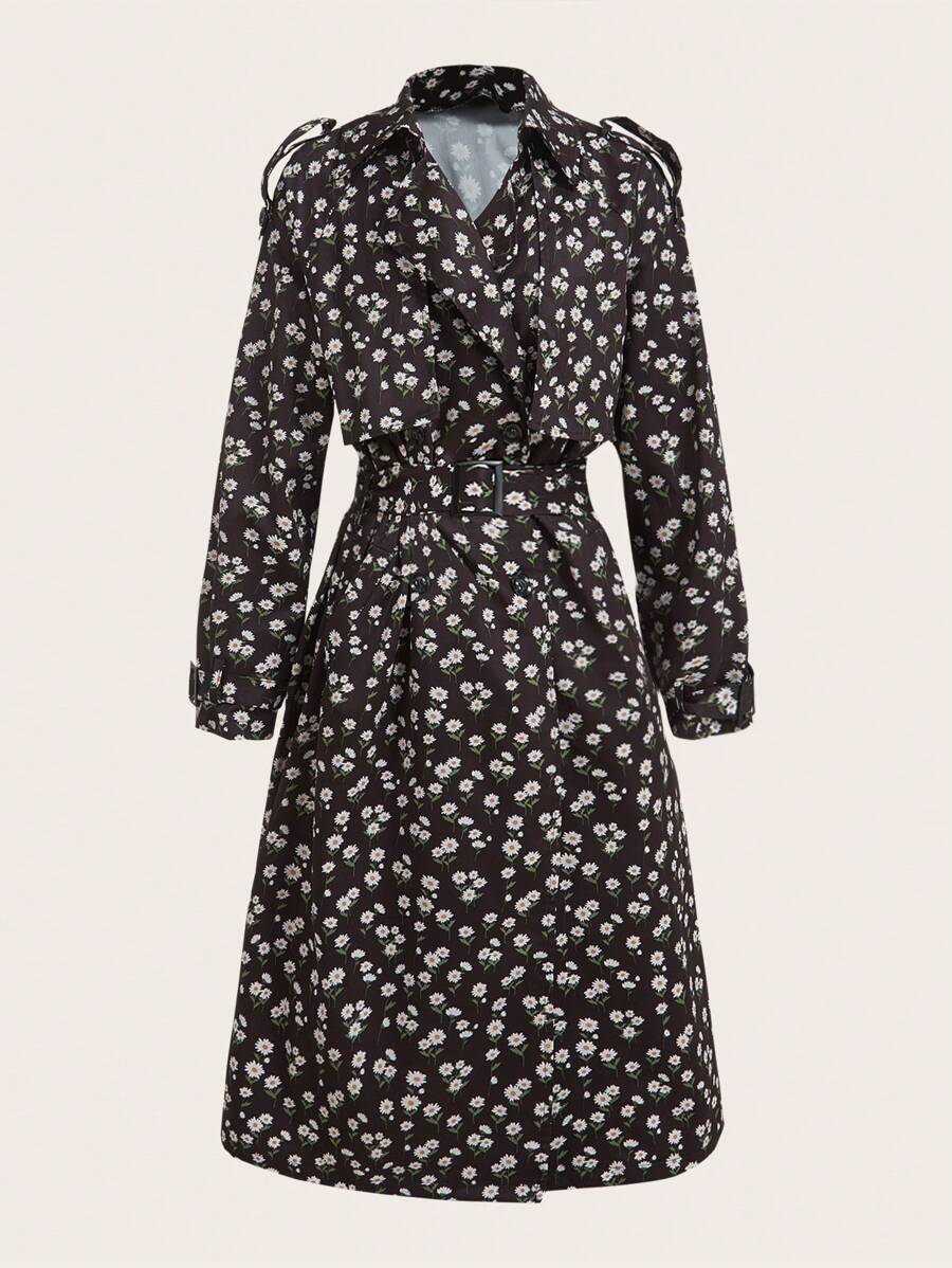 SHEIN EZwear Women's V-Neck Waisted Tie-Up Floral Patterned Casual Trench Coat