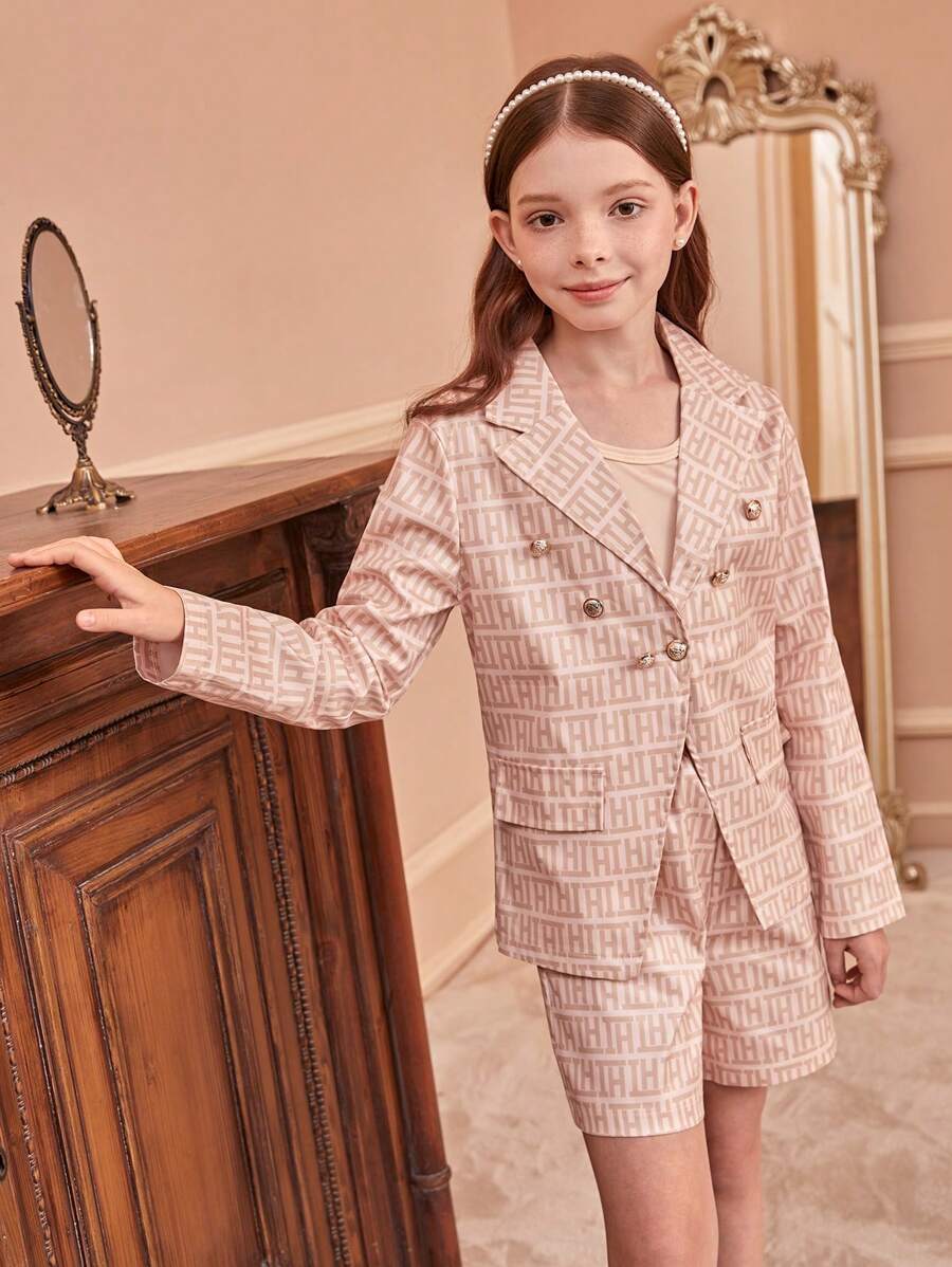 Tween Girl Collared Long Sleeve Vintage Formal Blazer, Vest And Casual Shorts 3pcs Set, Autumn/Winter
