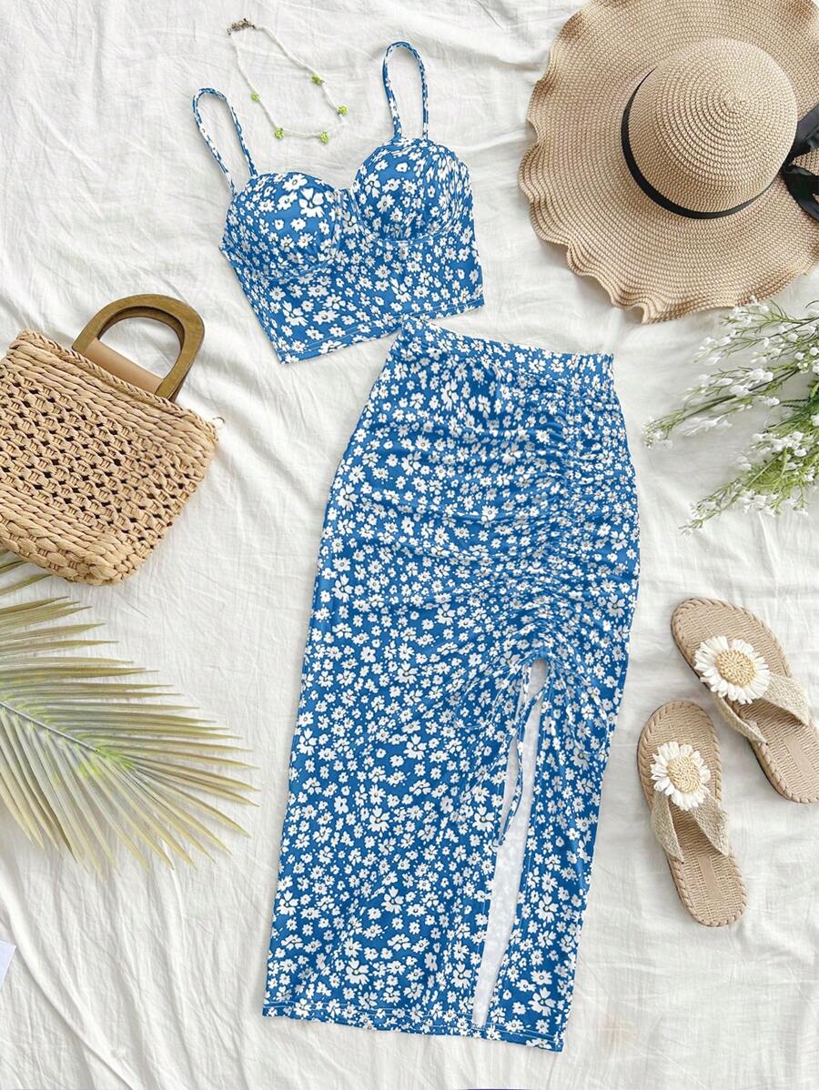 Soleia Spaghetti Strap Floral All-Over Print Top And Mini Skirt Casual Set