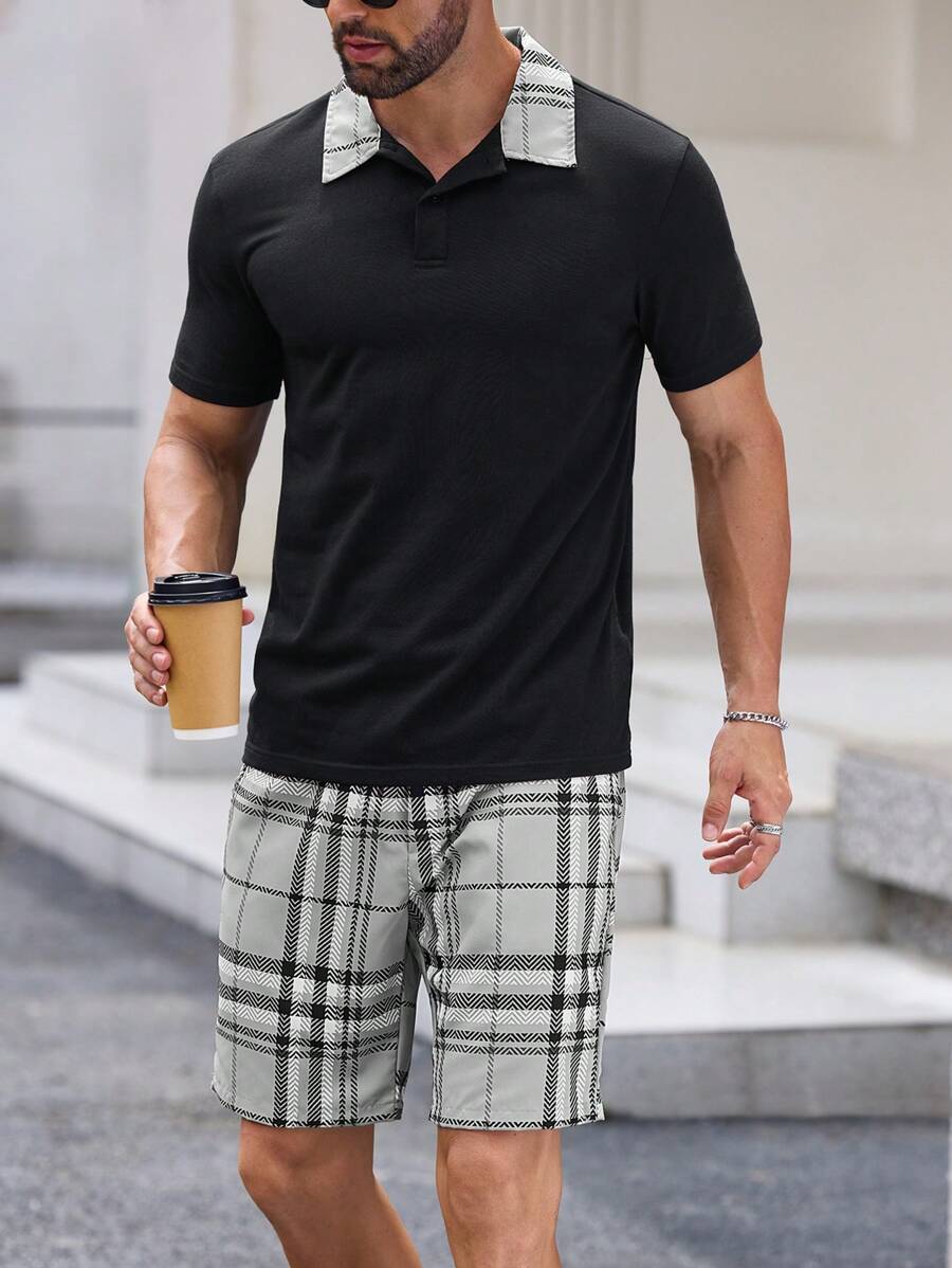 Manfinity ModaGents 2pcs Solid Color Patchwork Short Sleeve Casual Top And Shorts Set