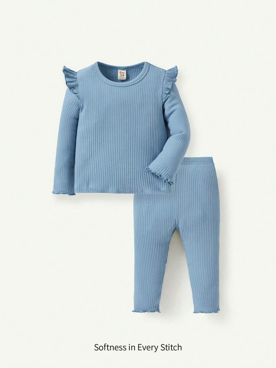 Cozy Pixies 2pcs Baby Girl Ruffled Collar Long Sleeve Top And Wave Hem Pants Thin Set