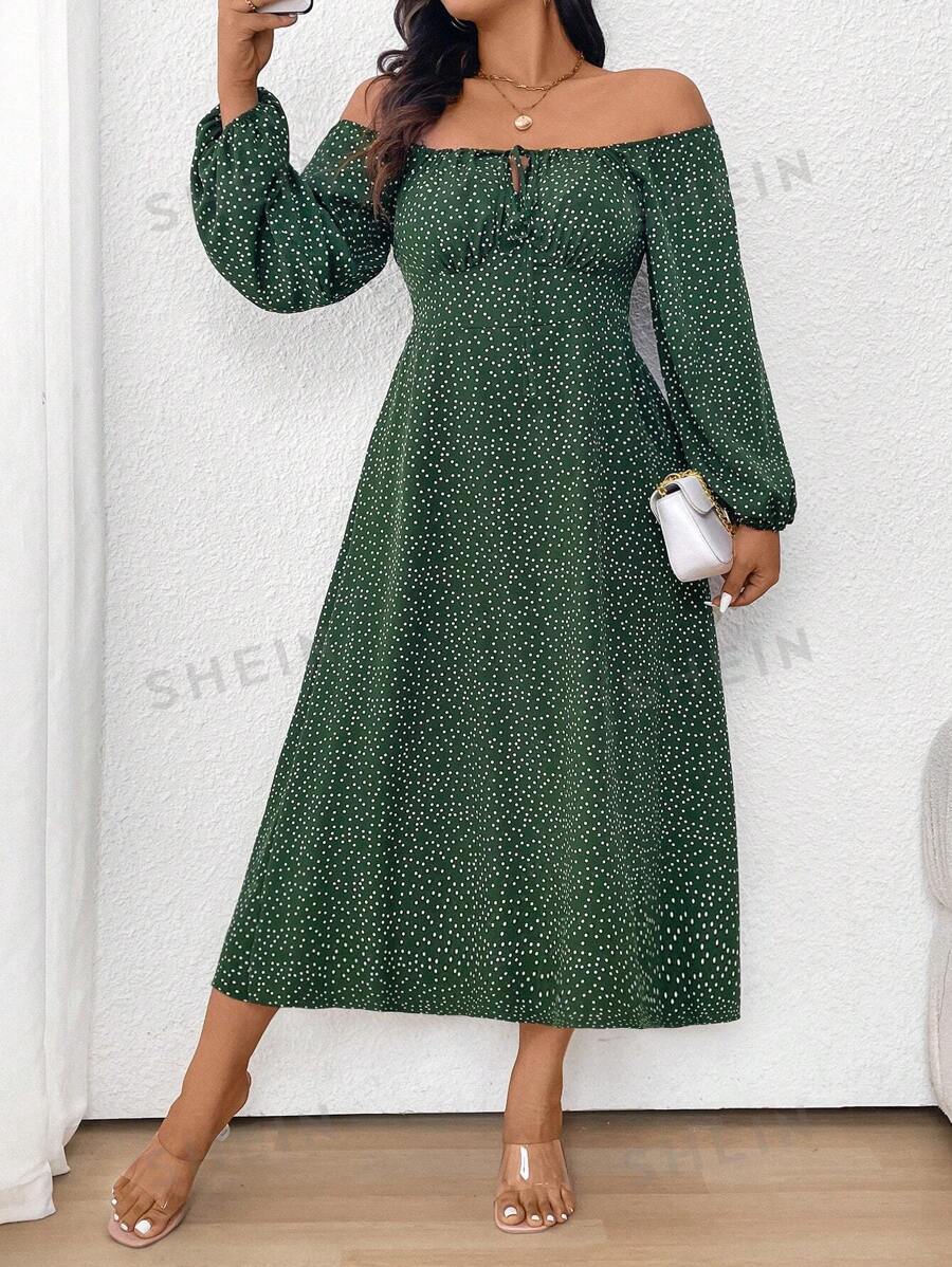 SHEIN Clasi Vestido casual de hombros descubiertos con estampado de lunares, tallas grandes, primavera y otoño