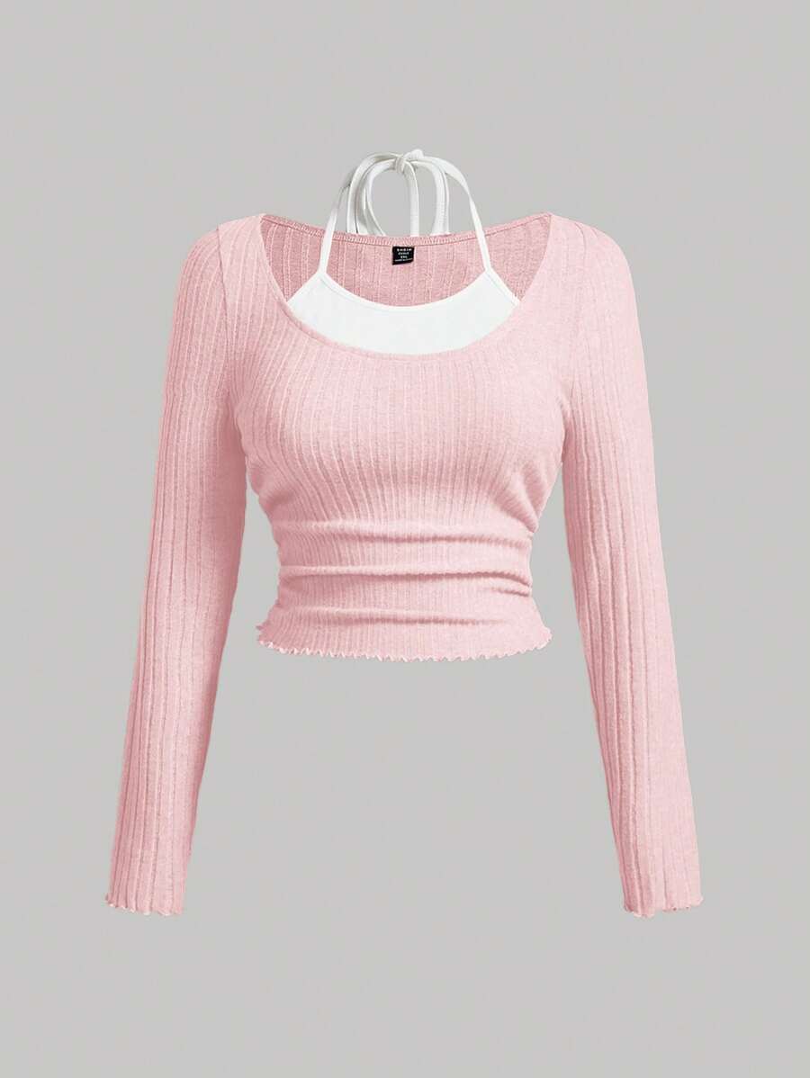 SHEIN MOD Plus Size Spring Dwukolorowa koszulka z wykończeniem sałaty i wiązaniem z tyłu 2 w 1