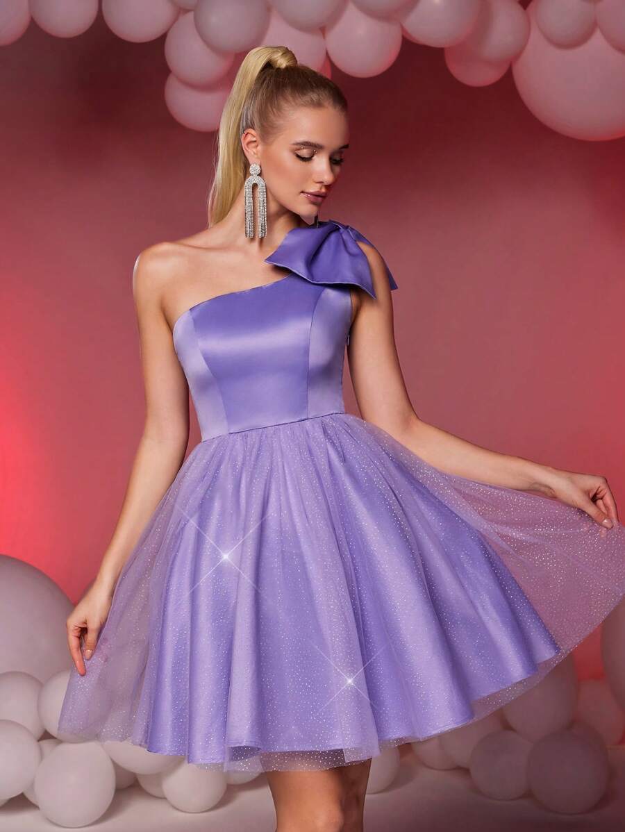 SHEIN Belle Elegant Luxurious Purple Cute Asymmetrical Neck Big Bow High Waist Homecoming Dress, Suitable For Wedding, Graduation, Vacation, Party, Prom Dress, Semi Formal Dress, For Birthday, Wedding Guest