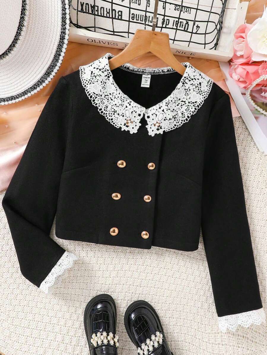 Top elegante de manga larga informal para adolescentes, chaqueta tejida decorada con botones dorados