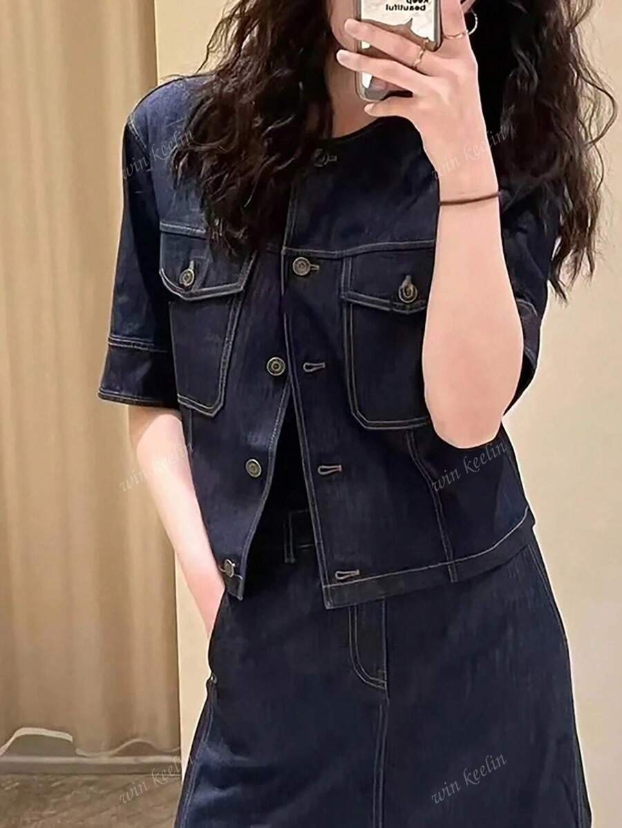 Haut en denim de couleur unie simple pour femme pour un usage quotidien