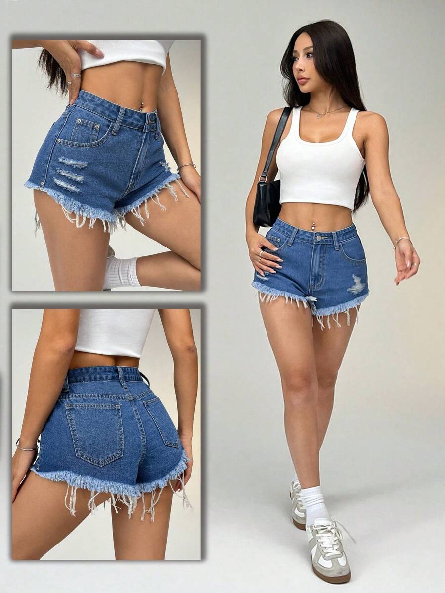 SHEIN PETITE Shorts de mezclilla con botones frontales, múltiples bolsillos, bajo deshilachado y desgastado, uso casual para todos los días