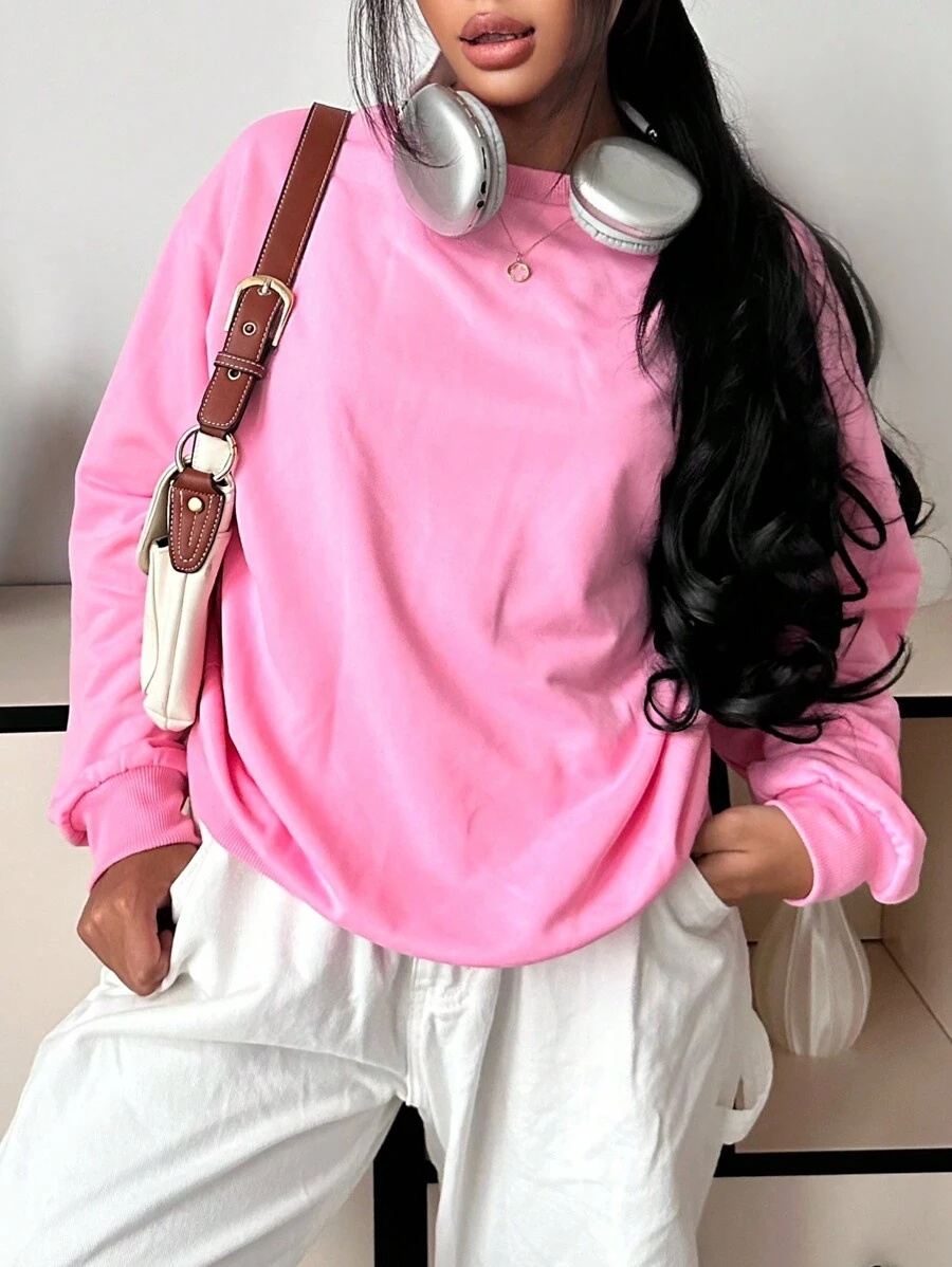 SHEIN EZwear Casual Solid Color Knitted Round Neck Loose Fit Sweatshirt For Women