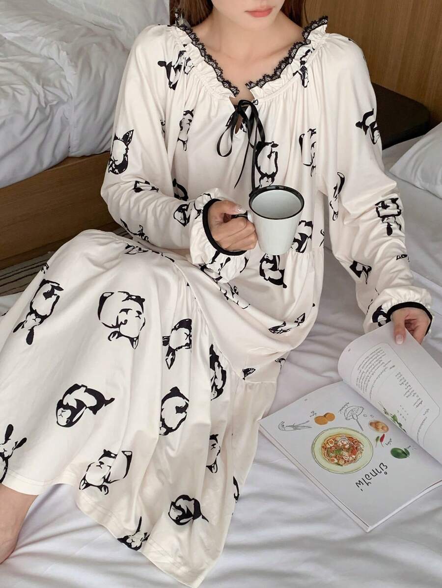 DAZY Women Cute Rabbit Pattern Contrast Trim Drawstring Nightgown