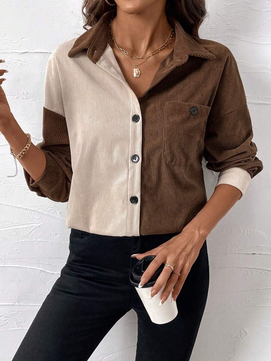 SHEIN LUNE Women's Button-Up Long Sleeve Colorblock Design Fashionable Charming Shirt