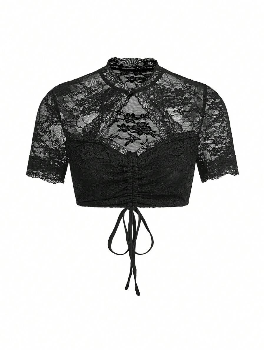 SHEIN Frenchy Blusa de moda con cordón, corte hueco y encaje para mujeres