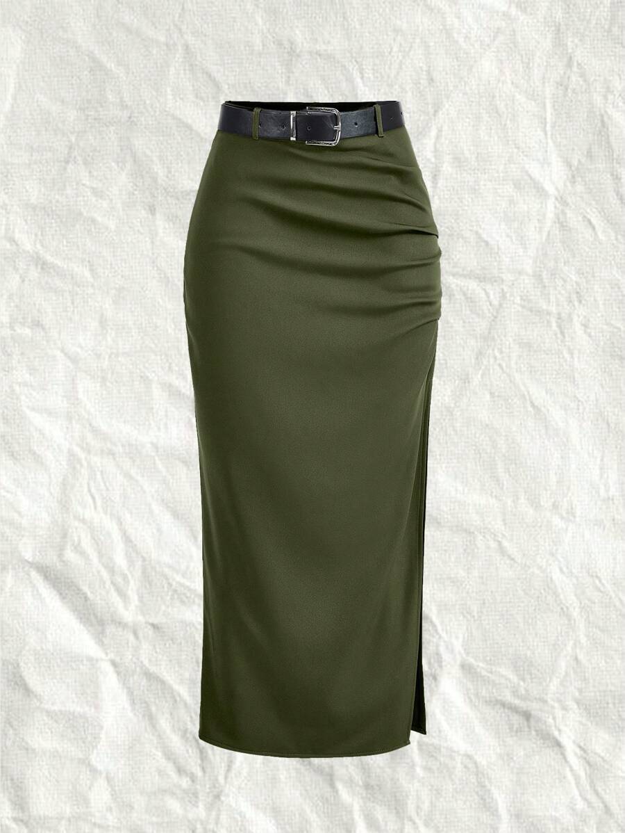 SHEIN EZwear Falda larga con cinturón para mujer talla grande, tejida