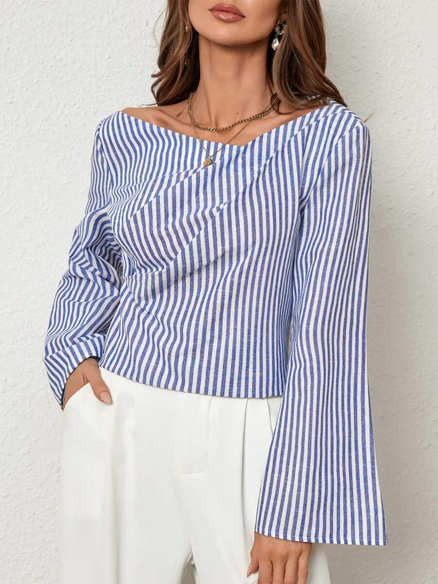 SHEIN Privé Blusa casual con cuello asimétrico minimalista de manga larga para mujeres