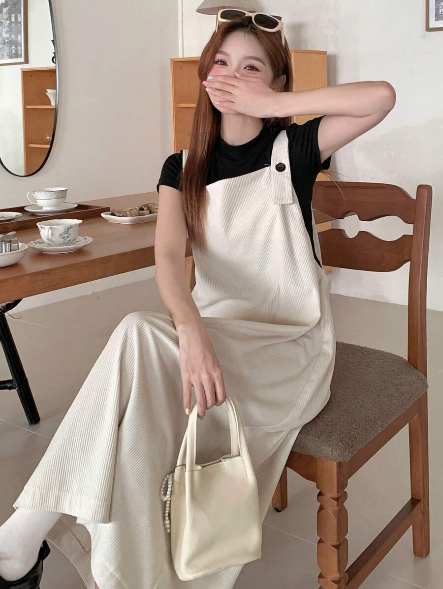 FRIFUL Women's Solid Color Simple Casual Strap Corduroy Overall Dress Sundress