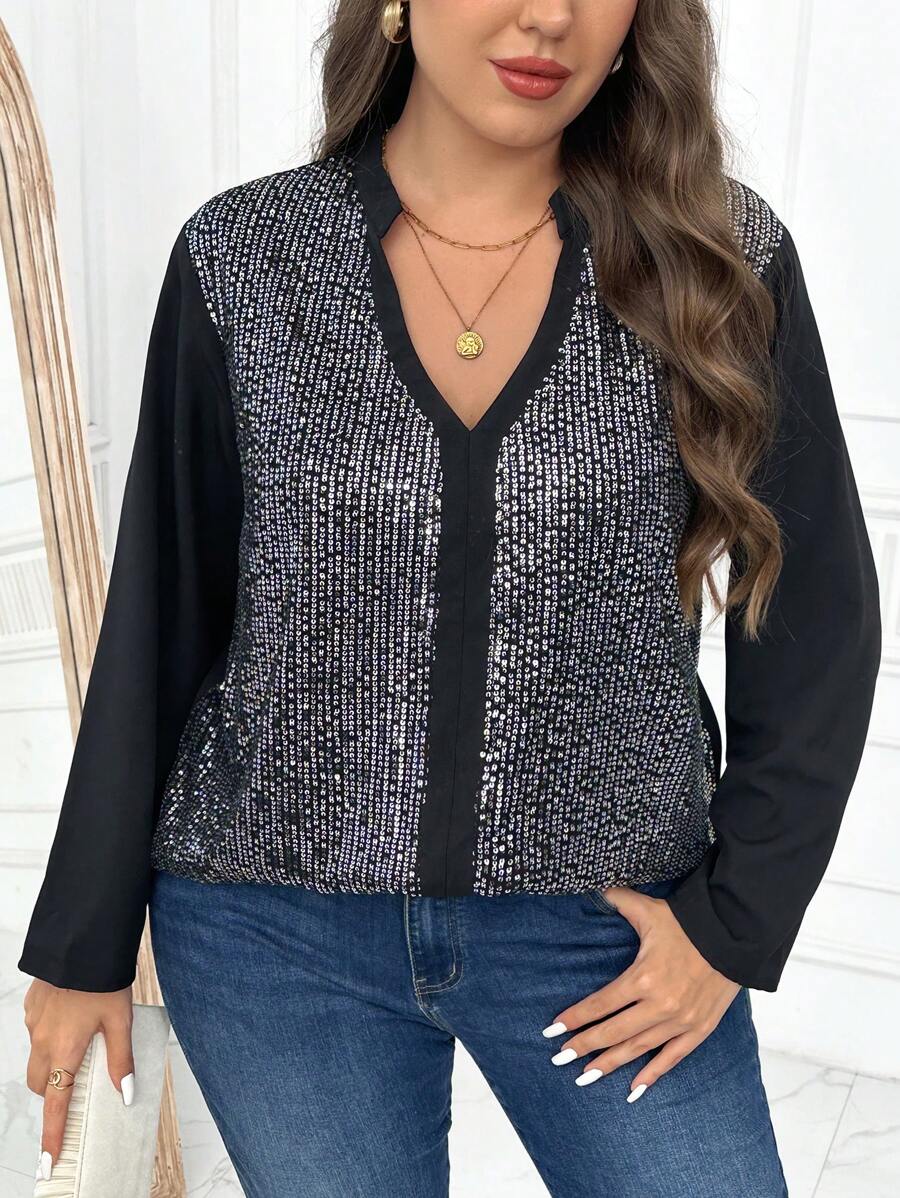 SHEIN LUNE Plus Size Solid Color Sequin Decorated Long Sleeve Casual Shirt