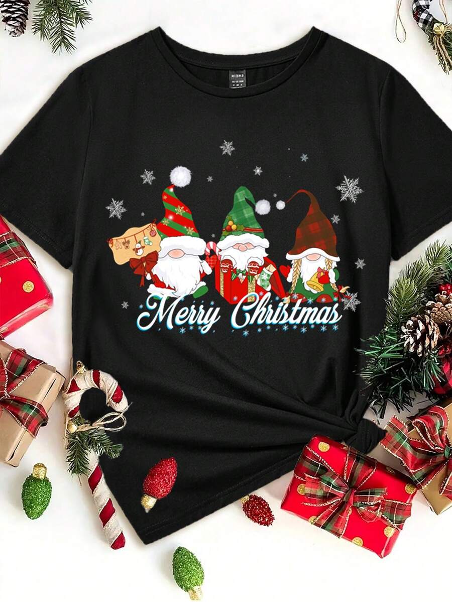 SHEIN EZwear T-shirt à manches courtes, col rond, avec un simple graphique du Père Noël. grande taille, décontracté, pour l'été