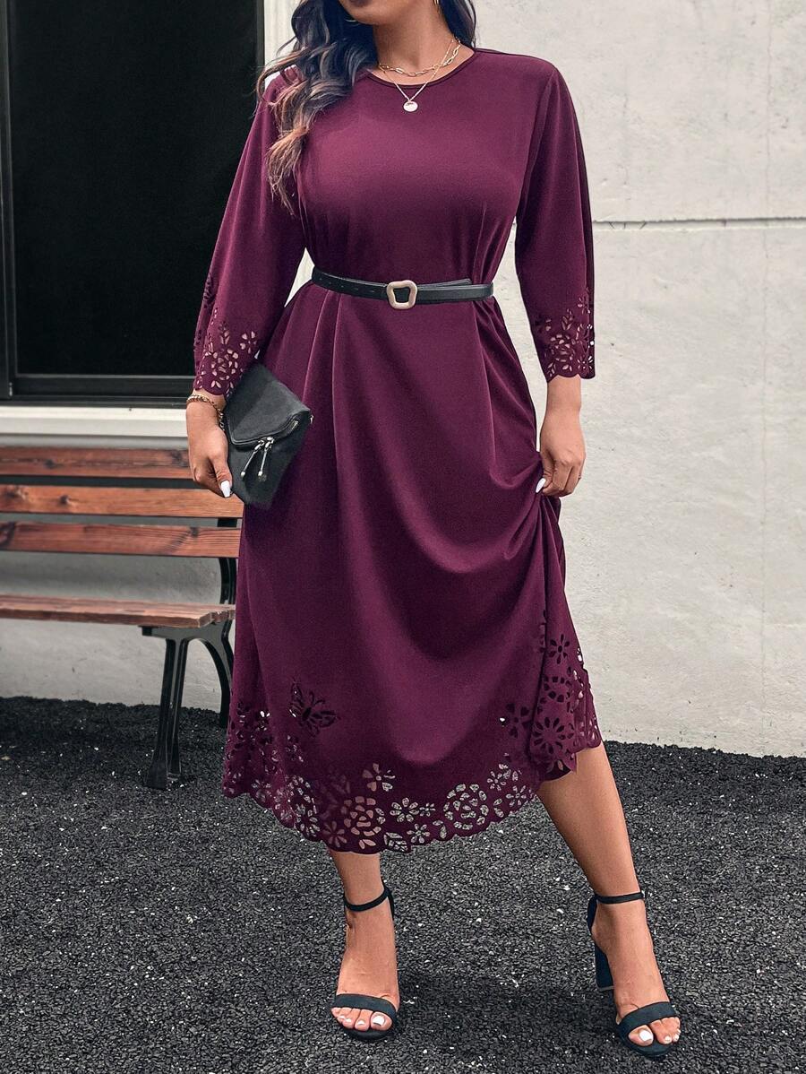 SHEIN LUNE Shell Trim Floral Embroidered Long Sleeve Midi Dress Plus Size Winter Clothes
