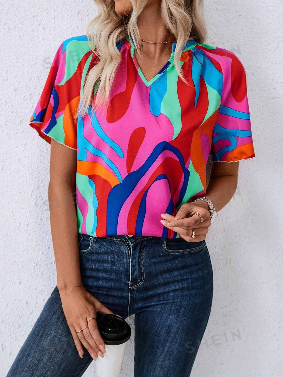 SHEIN LUNE Camisa de mujer casual de vacaciones con estampado aleatorio y cuello con muesca