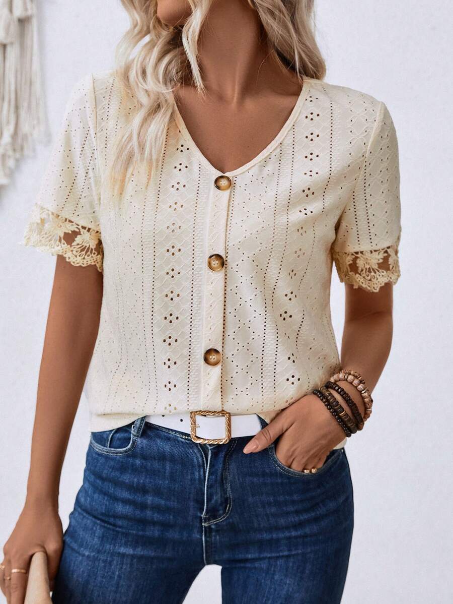 SHEIN LUNE Women's Lace Patchwork V-Neck Short Sleeve Casual T-Shirt
