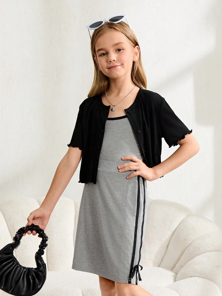 SHEIN 3pcs Tween Girls' Casual Fitted Splice Color Block T-Shirt, Camisole And Pants Set