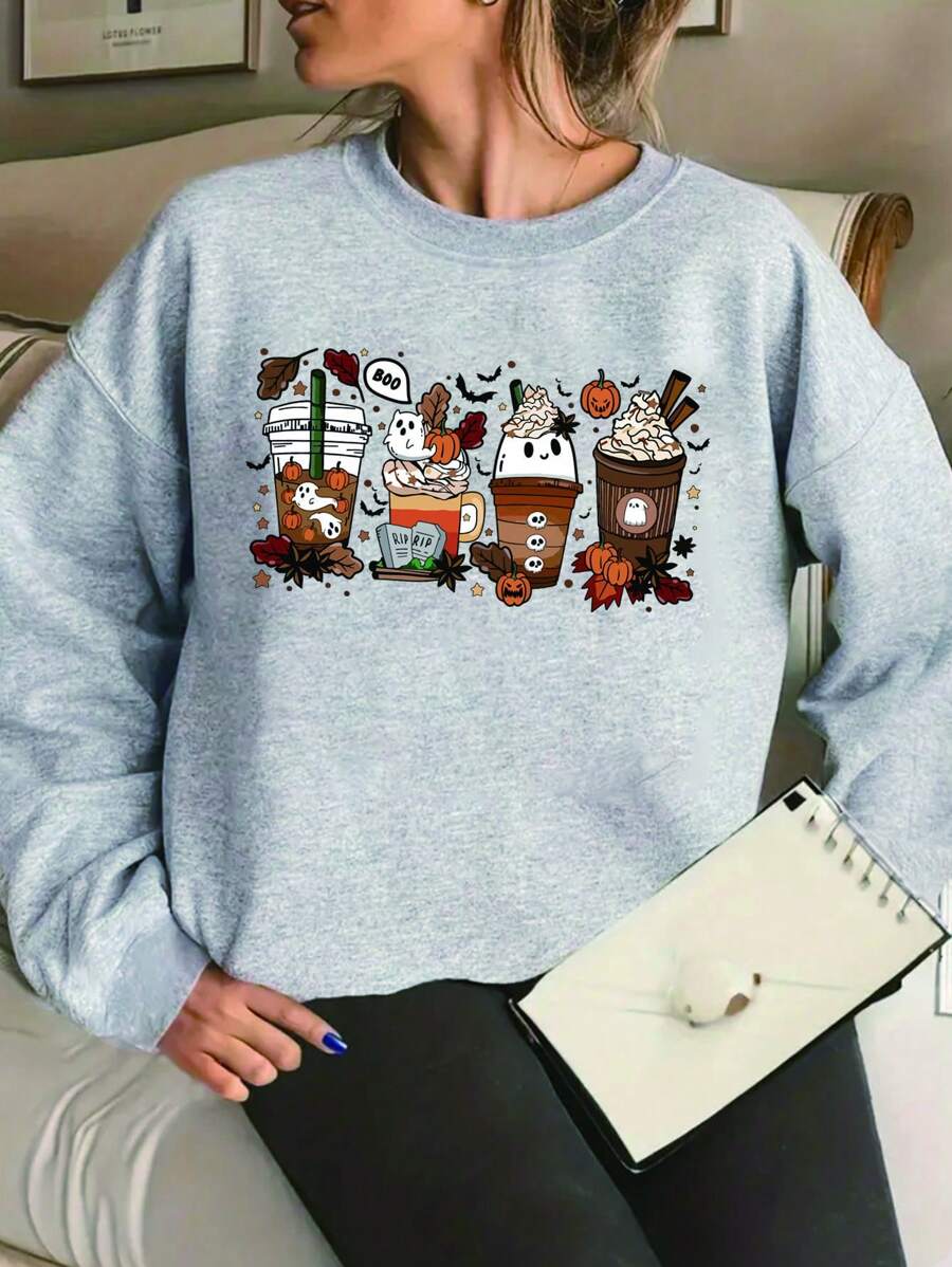 SHEIN LUNE Dames Plus-Size Hoodie Meisje Halloween Print Drop Shoulder Sweatshirt