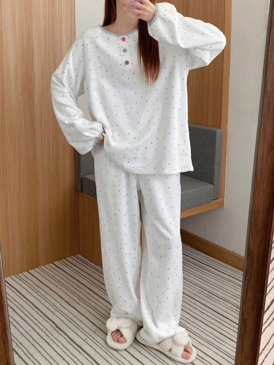 DAZY Polka Dot Print Velour Fabric Colorful Button Decor Pajama Set