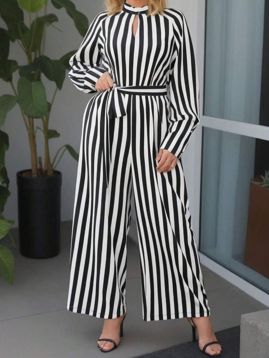Plus Size Stand Collar Long Sleeve Belted Striped Casual Jumpsuit