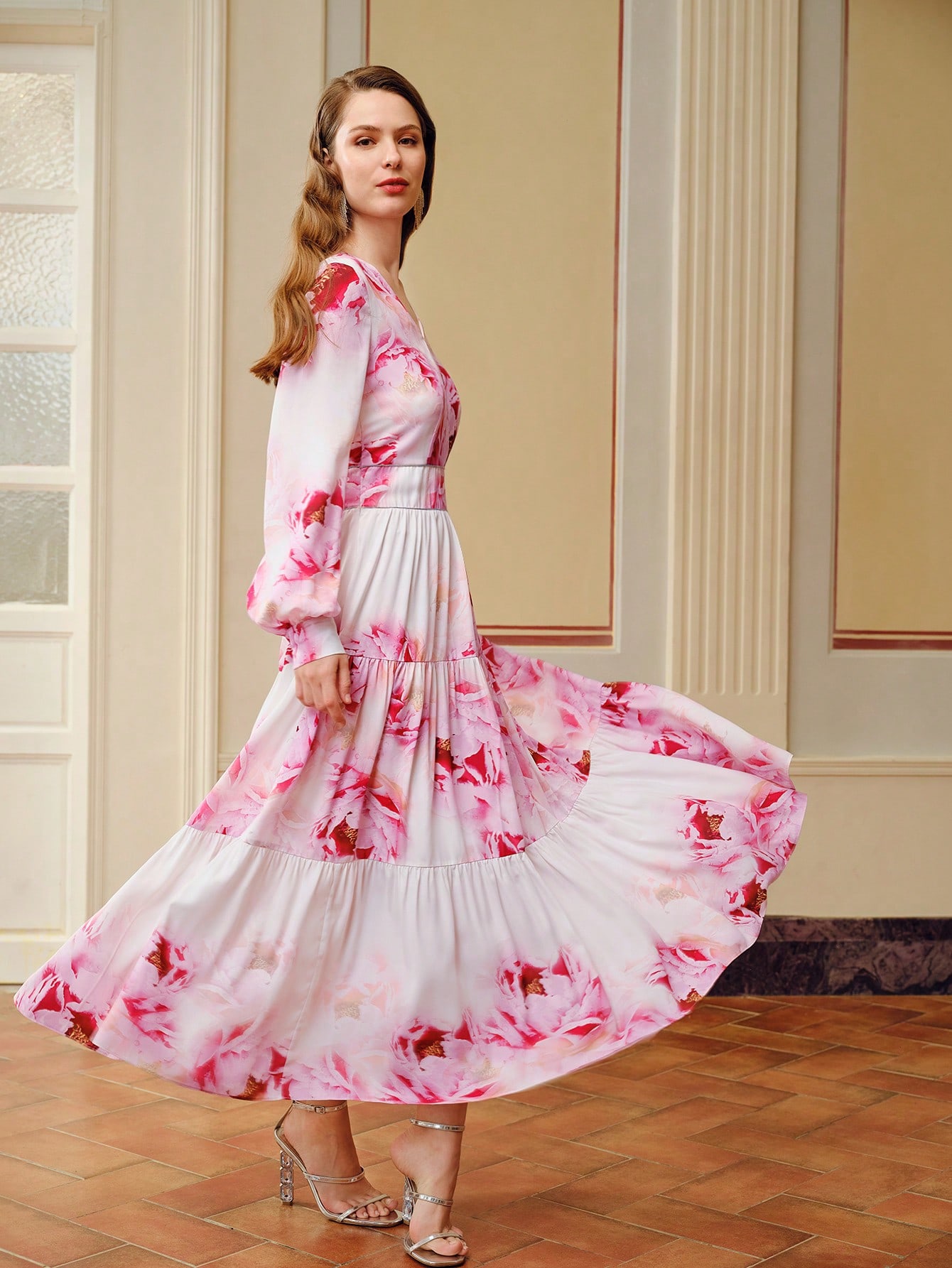 ZEYLAH FLORAL PRINT LANTERN SLEEVE TIERED HEM DRESS WITHOUT